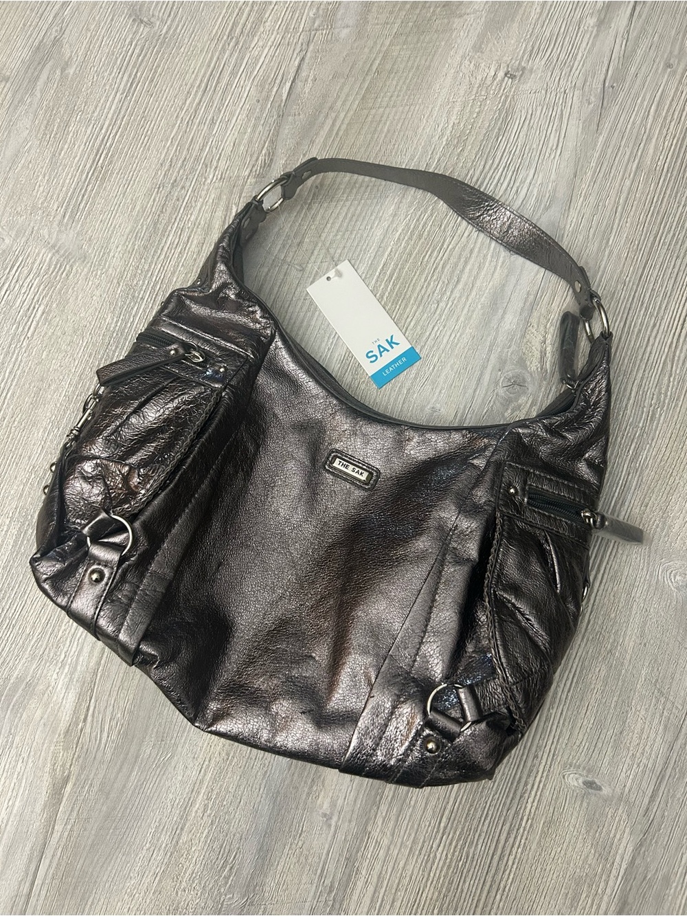The Sak "Leanne" Leather Hobo Shoulder Bag Graphite Metallic NWT $129